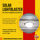 An infographic for Solar Blaster's Conex Solar LightBlaster for shipping containers. It shows how natural light can illuminate shipping containers during daylight hours. It also epxlains they can fit 3.5" and 6.5" roof ribs.