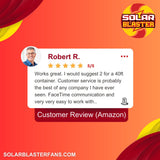 An infographic for highlighting one of Solar Blaster's customers named Robert R who is praising Solar Blaster's customer service and suggesting that 2 Conex Solar RoofBlaster vents get placed on 40ft containers.