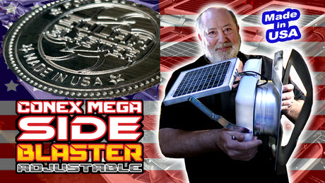 A graphic highlighting the Conex Mega SideBlaster Adjustabale logo. Also shows the metal stamp stating "Made in USA" and then the owner of Solar Blaster holding the white Conex SideBlasters.