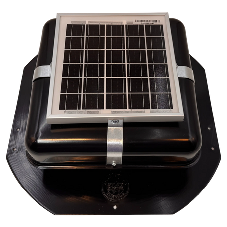 Solar ventilation fan, Solar RoofBlaster for sheds and homes, front view, powder-coated black (no background) | Solar Blaster brand