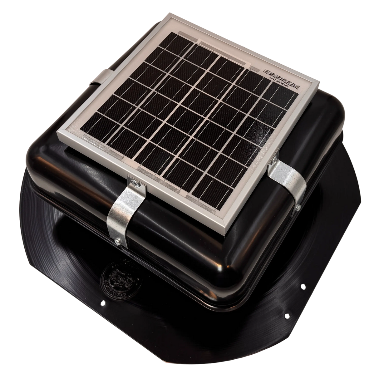 Solar ventilation fan, Solar RoofBlaster for sheds and homes, left side view, powder-coated black (no background) | Solar Blaster brand