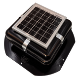 Solar ventilation fan, Solar RoofBlaster for sheds and homes, left side view, powder-coated black (no background) | Solar Blaster brand
