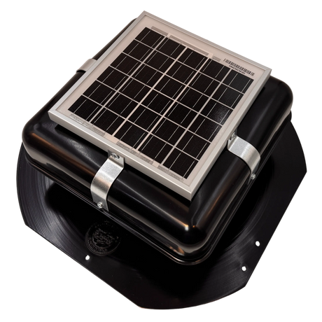 Solar ventilation fan, Solar RoofBlaster for sheds and homes, left side view, powder-coated black (no background) | Solar Blaster brand