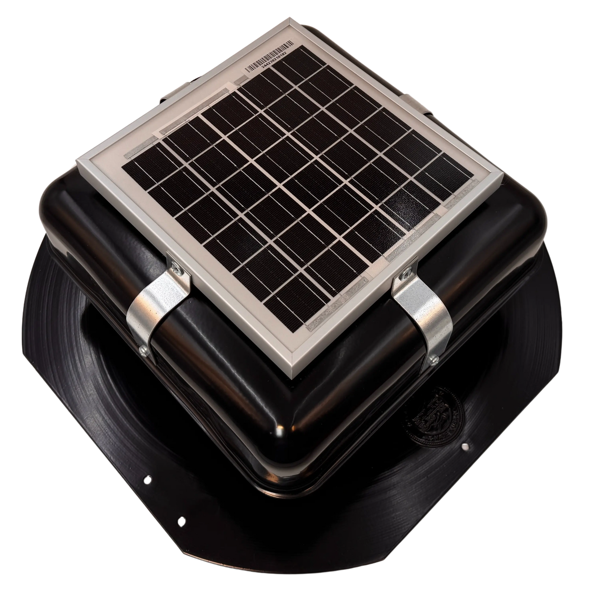 Solar ventilation fan, Solar RoofBlaster for sheds and homes, right side view, powder-coated black (no background) | Solar Blaster brand
