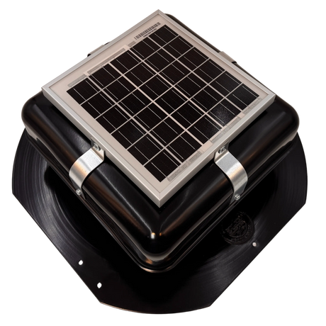 Solar ventilation fan, Solar RoofBlaster for sheds and homes, right side view, powder-coated black (no background) | Solar Blaster brand