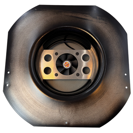 Solar ventilation fan, Solar RoofBlaster for sheds and homes, bottom view, powder-coated black (no background) | Solar Blaster brand