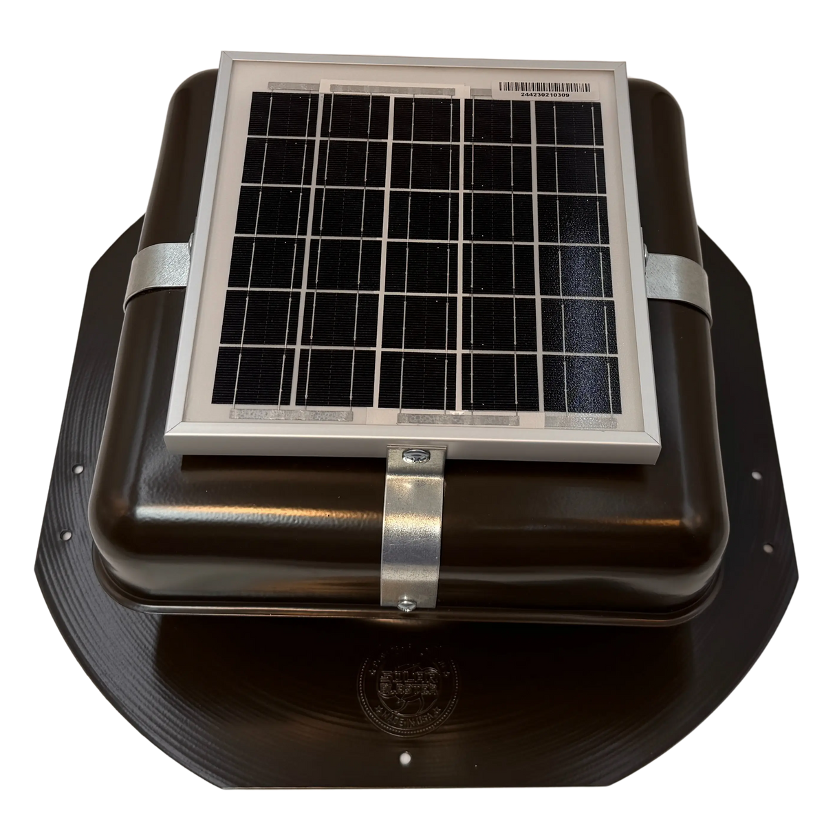 Solar ventilation fan, Solar RoofBlaster for sheds and homes, front view, powder-coated brown (no background) | Solar Blaster brand