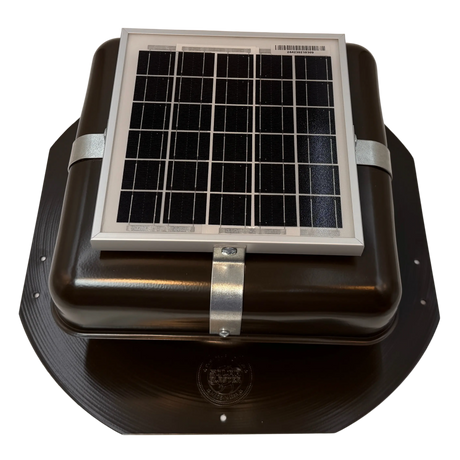 Solar ventilation fan, Solar RoofBlaster for sheds and homes, front view, powder-coated brown (no background) | Solar Blaster brand