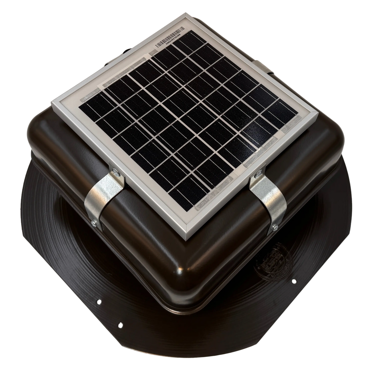 Solar ventilation fan, Solar RoofBlaster for sheds and homes, right side view, powder-coated brown (no background) | Solar Blaster brand