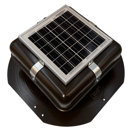 Solar ventilation fan, Solar RoofBlaster for sheds and homes, right side view, powder-coated brown (no background) | Solar Blaster brand