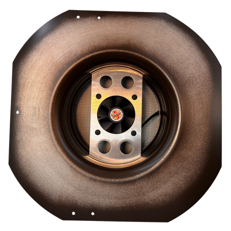 Solar ventilation fan, Solar RoofBlaster for sheds and homes, bottom view, powder-coated brown (no background) | Solar Blaster brand