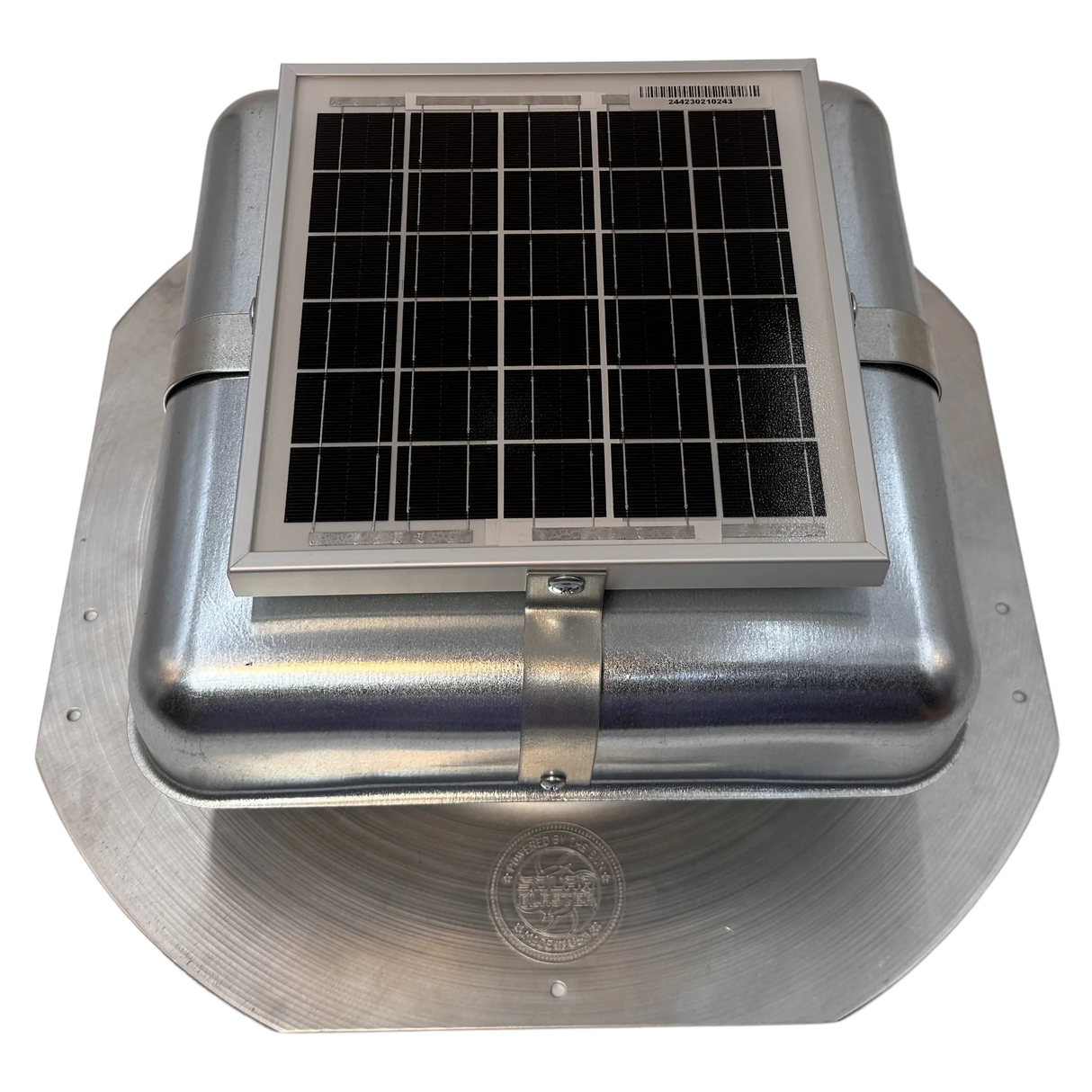 Solar ventilation fan, Solar RoofBlaster for sheds and homes, front view, galvanized finish (no background) | Solar Blaster brand