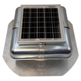 Solar ventilation fan, Solar RoofBlaster for sheds and homes, front view, galvanized finish (no background) | Solar Blaster brand