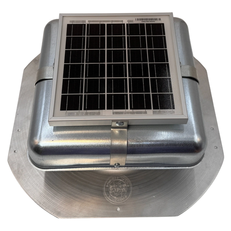 Solar ventilation fan, Solar RoofBlaster for sheds and homes, front view, galvanized finish (no background) | Solar Blaster brand