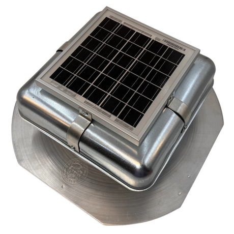 Solar ventilation fan, Solar RoofBlaster for sheds and homes, left side view, galvanized finish (no background) | Solar Blaster brand