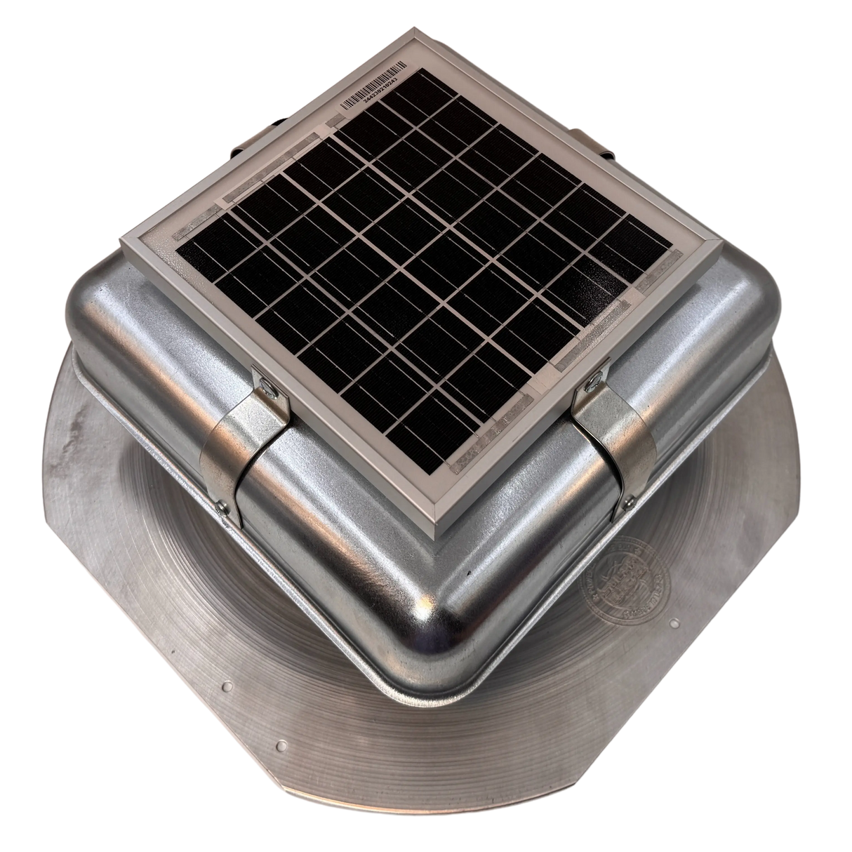 Solar ventilation fan, Solar RoofBlaster for sheds and homes, right side view, galvanized finish (no background) | Solar Blaster brand