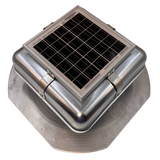 Solar ventilation fan, Solar RoofBlaster for sheds and homes, right side view, galvanized finish (no background) | Solar Blaster brand