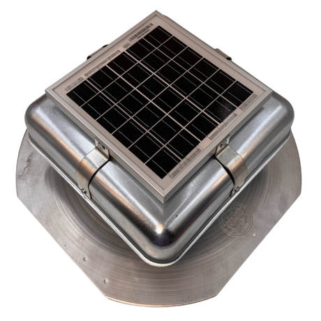Solar ventilation fan, Solar RoofBlaster for sheds and homes, right side view, galvanized finish (no background) | Solar Blaster brand