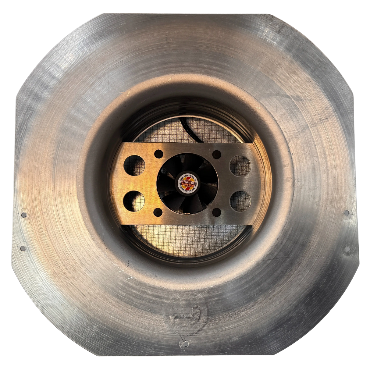 Solar ventilation fan, Solar RoofBlaster for sheds and homes, bottom view, galvanized finish (no background) | Solar Blaster brand