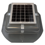 Solar ventilation fan, Solar RoofBlaster for sheds and homes, front view, powder-coated gray (no background) | Solar Blaster brand