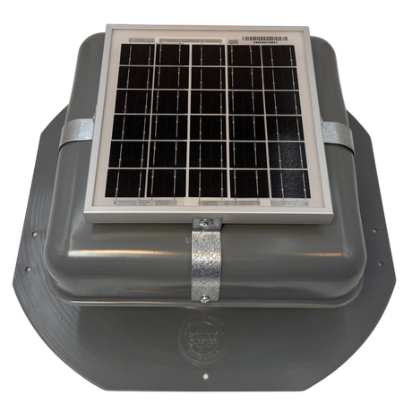 Solar ventilation fan, Solar RoofBlaster for sheds and homes, front view, powder-coated gray (no background) | Solar Blaster brand