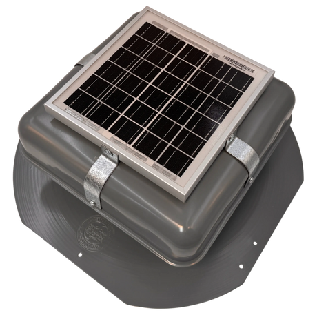 Solar ventilation fan, Solar RoofBlaster for sheds and homes, left side view, powder-coated gray (no background) | Solar Blaster brand