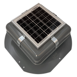 Solar ventilation fan, Solar RoofBlaster for sheds and homes, right side view, powder-coated gray (no background) | Solar Blaster brand