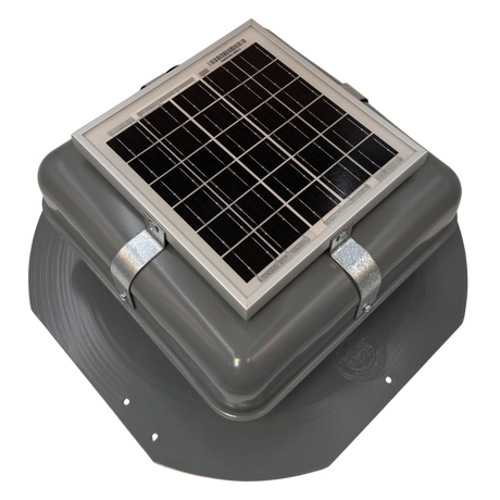 Solar ventilation fan, Solar RoofBlaster for sheds and homes, right side view, powder-coated gray (no background) | Solar Blaster brand