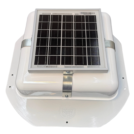 Solar ventilation fan, Solar RoofBlaster for sheds and homes, front view, powder-coated white (no background) | Solar Blaster brand