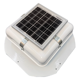 Solar ventilation fan, Solar RoofBlaster for sheds and homes, left side view, powder-coated white (no background) | Solar Blaster brand