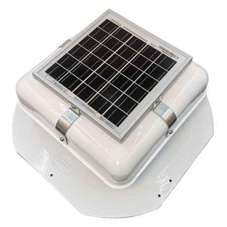 Solar ventilation fan, Solar RoofBlaster for sheds and homes, left side view, powder-coated white (no background) | Solar Blaster brand