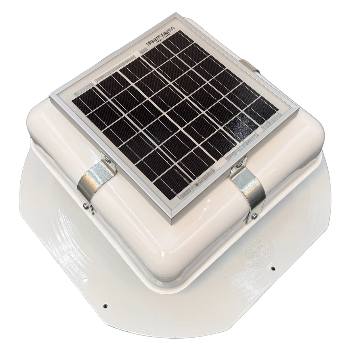 Solar ventilation fan, Solar RoofBlaster for sheds and homes, right side view, powder-coated white (no background) | Solar Blaster brand