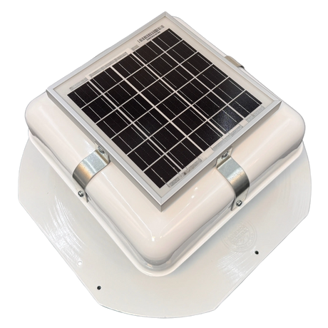 Solar ventilation fan, Solar RoofBlaster for sheds and homes, right side view, powder-coated white (no background) | Solar Blaster brand