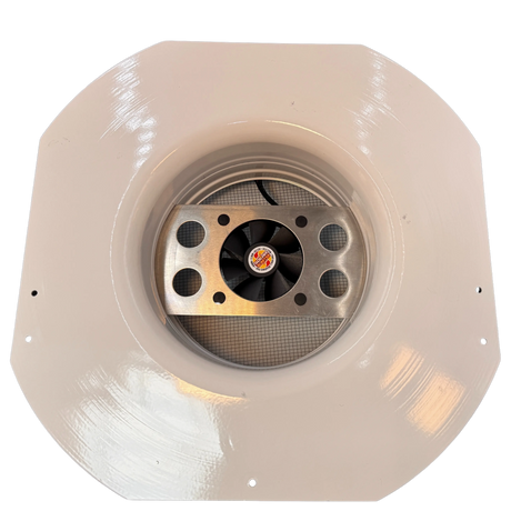 Solar ventilation fan, Solar RoofBlaster for sheds and homes, bottom view, powder-coated white (no background) | Solar Blaster brand