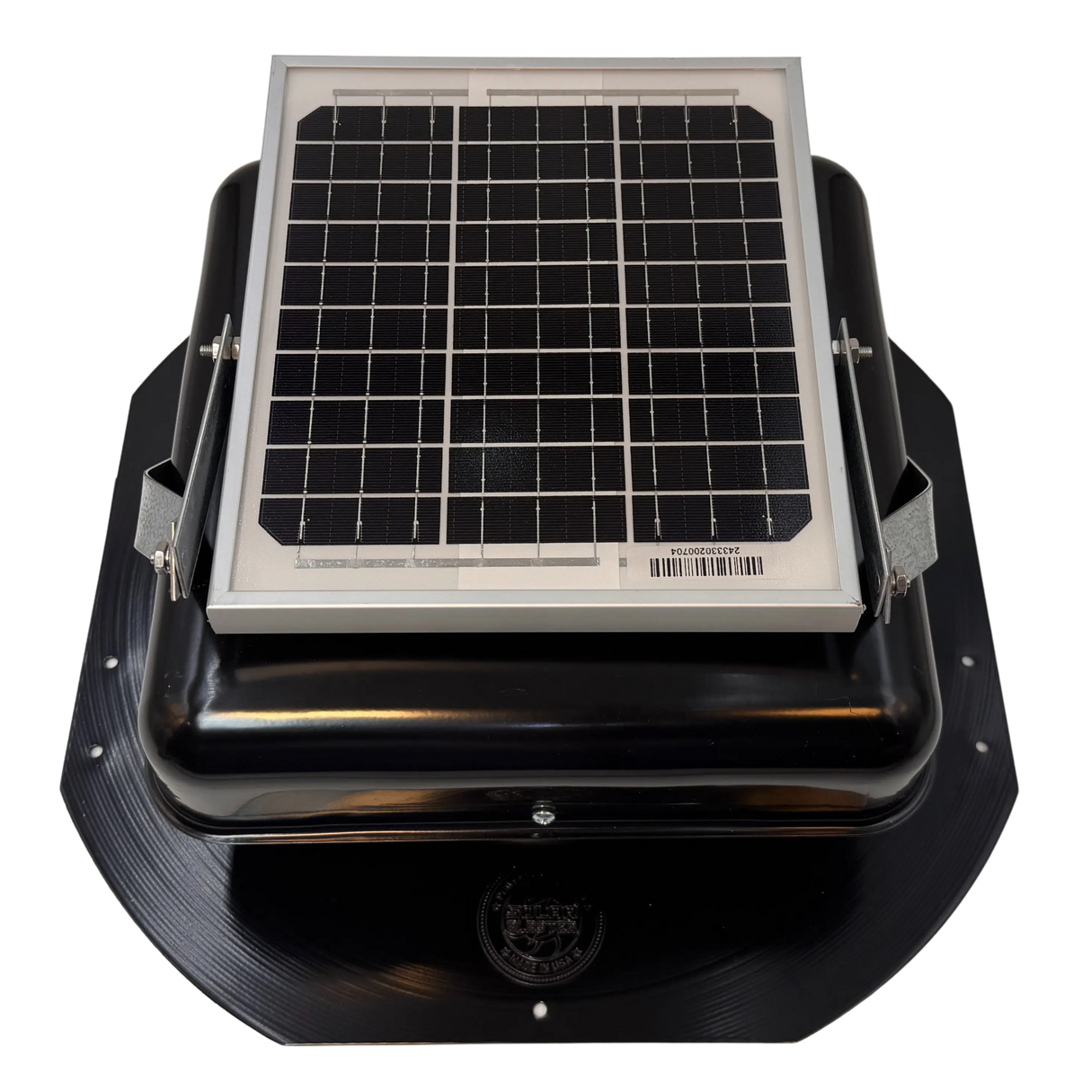 Solar ventilation fan, Solar Mega RoofBlaster for sheds and homes, front view, powder-coated black, 5W solar panel (no background) | Solar Blaster brand