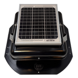 Solar ventilation fan, Solar Mega RoofBlaster for sheds and homes, front view, powder-coated black, 5W solar panel (no background) | Solar Blaster brand