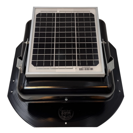 Solar ventilation fan, Solar Mega RoofBlaster for sheds and homes, front view, powder-coated black, 5W solar panel (no background) | Solar Blaster brand