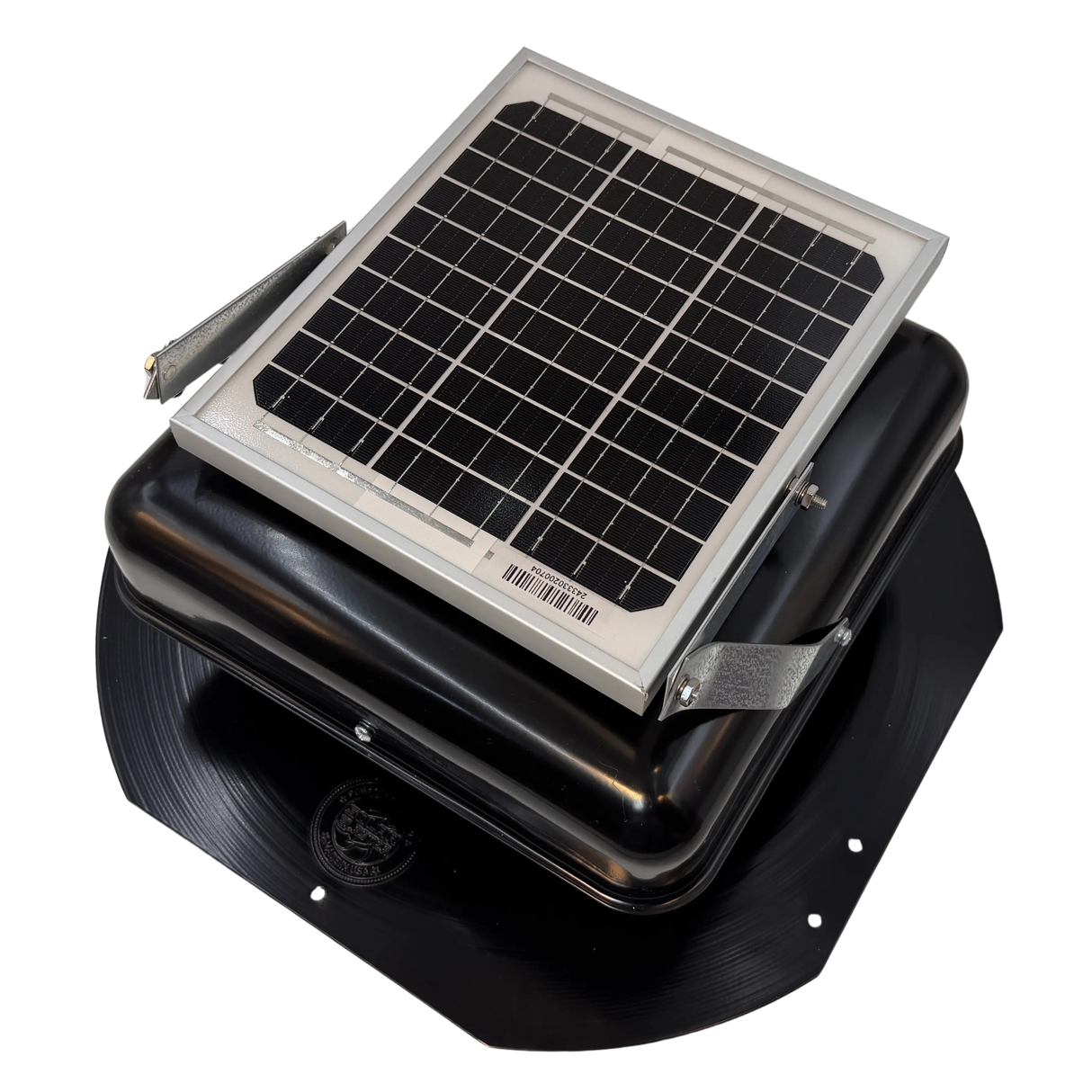 Solar ventilation fan, Solar Mega RoofBlaster for sheds and homes, left side view, powder-coated black, 5W solar panel (no background) | Solar Blaster brand