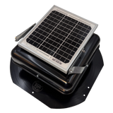 Solar ventilation fan, Solar Mega RoofBlaster for sheds and homes, left side view, powder-coated black, 5W solar panel (no background) | Solar Blaster brand