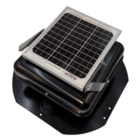 Solar ventilation fan, Solar Mega RoofBlaster for sheds and homes, left side view, powder-coated black, 5W solar panel (no background) | Solar Blaster brand