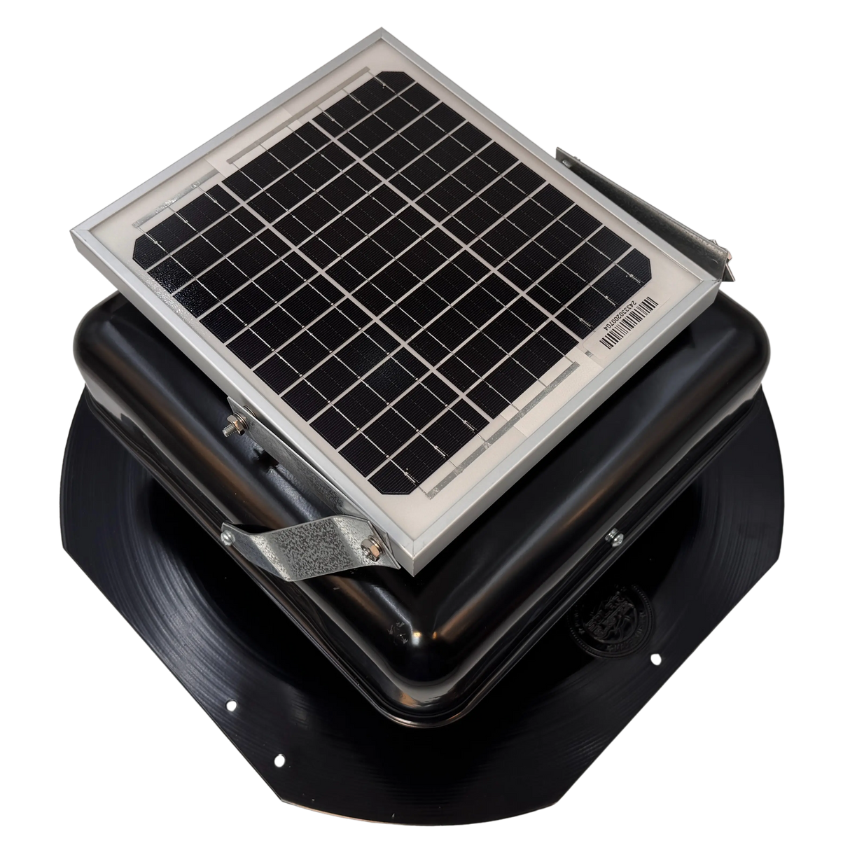 Solar ventilation fan, Solar Mega RoofBlaster for sheds and homes, right side view, powder-coated black, 5W solar panel (no background) | Solar Blaster brand