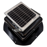 Solar ventilation fan, Solar Mega RoofBlaster for sheds and homes, right side view, powder-coated black, 5W solar panel (no background) | Solar Blaster brand