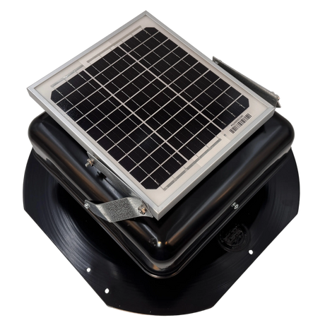Solar ventilation fan, Solar Mega RoofBlaster for sheds and homes, right side view, powder-coated black, 5W solar panel (no background) | Solar Blaster brand