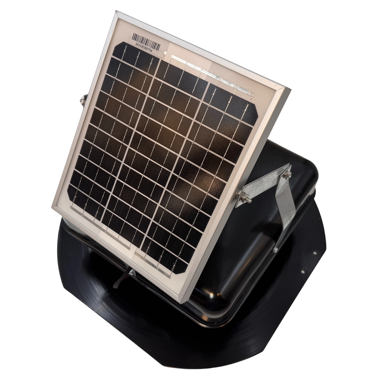 Solar ventilation fan, Solar Mega RoofBlaster for sheds and homes, left side view, powder-coated black, 5W solar panel (no background) | Solar Blaster brand