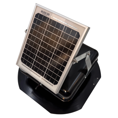 Solar ventilation fan, Solar Mega RoofBlaster for sheds and homes, left side view, powder-coated black, 5W solar panel (no background) | Solar Blaster brand