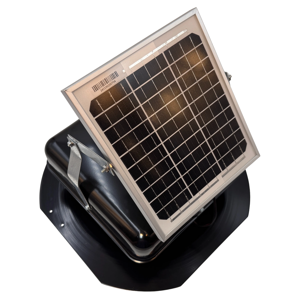 Solar ventilation fan, Solar Mega RoofBlaster for sheds and homes, right side view, powder-coated black, 5W solar panel (no background) | Solar Blaster brand