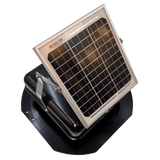 Solar ventilation fan, Solar Mega RoofBlaster for sheds and homes, right side view, powder-coated black, 5W solar panel (no background) | Solar Blaster brand