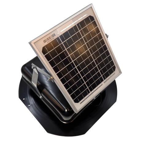 Solar ventilation fan, Solar Mega RoofBlaster for sheds and homes, right side view, powder-coated black, 5W solar panel (no background) | Solar Blaster brand