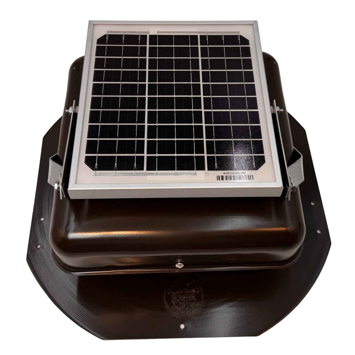 Solar ventilation fan, Solar Mega RoofBlaster for sheds and homes, front view, powder-coated brown, 5W solar panel (no background) | Solar Blaster brand