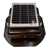 Solar ventilation fan, Solar Mega RoofBlaster for sheds and homes, front view, powder-coated brown, 5W solar panel (no background) | Solar Blaster brand